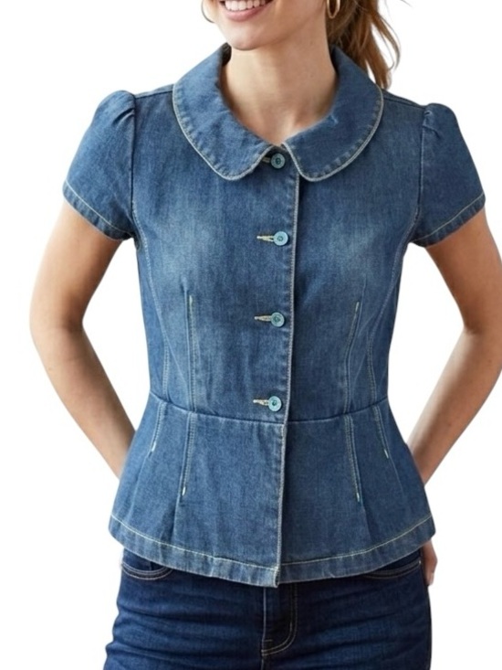Satin Tops - Retro Denim Jean Peplum Top Button Front Blue Western Cowgirl S Country Rodeo